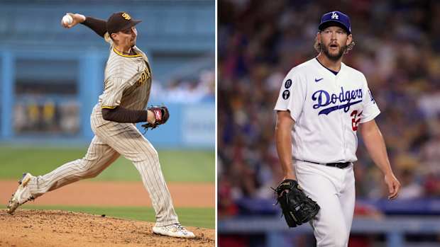 Padres pitcher Blake Snell side by side with Dodgers pitcher Clayton Kershaw